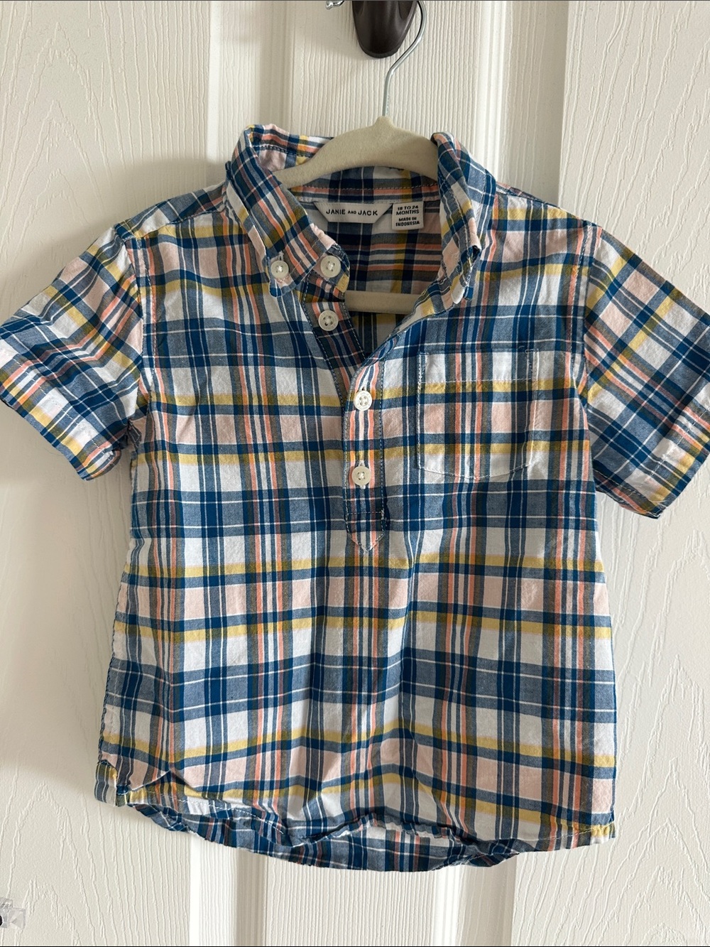 Janie and Jack Navy, White & Yellow Plaid Short-Sleeve Button Shirt